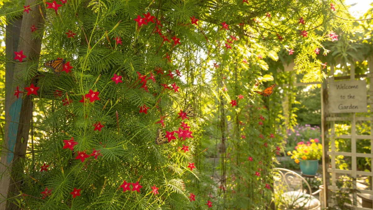a sun-drenched garden trellis covered with lush cypress vine foliage and red…