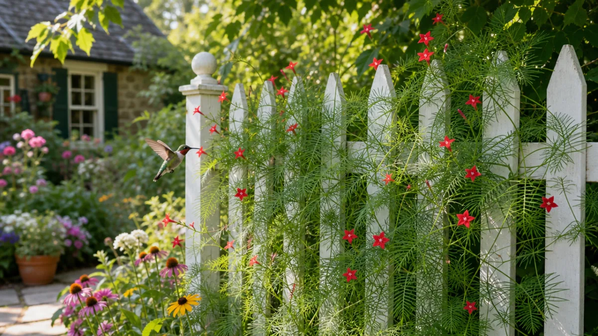 a lush cottage garden with cypress vine climbing a white picket fence,…