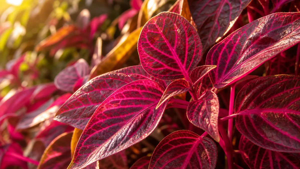 a close-up of vivid magenta Iresine herbstii leaves with contrasting pink veins,…