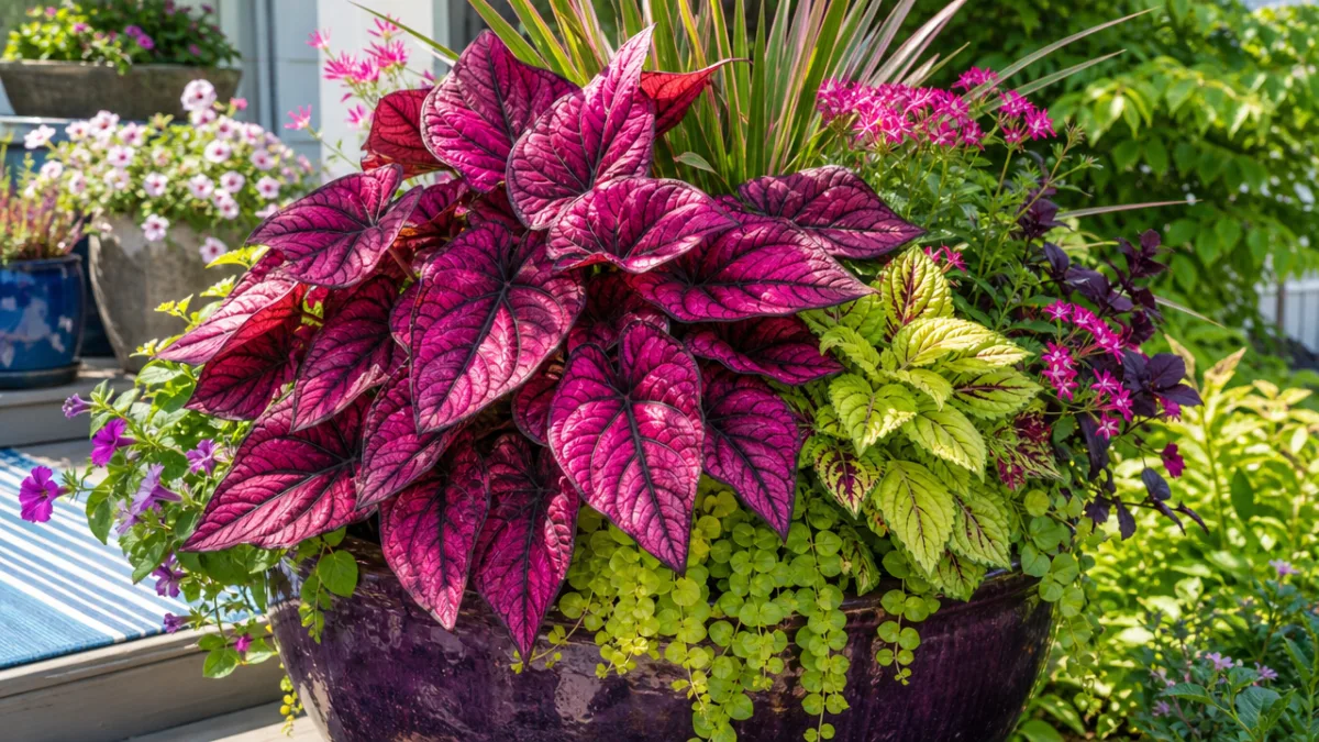 a lush container garden featuring vibrant magenta blood leaf plants alongside complementary…