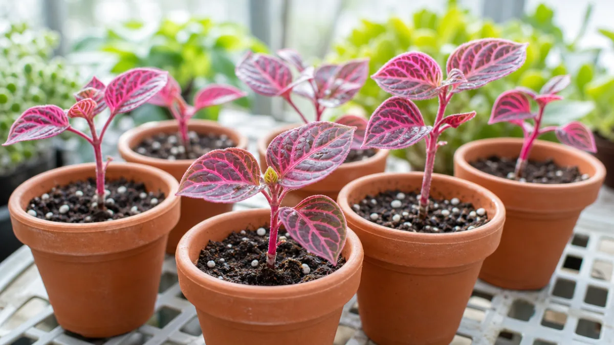 freshly rooted Iresine cuttings in small terracotta pots on a bright greenhouse…