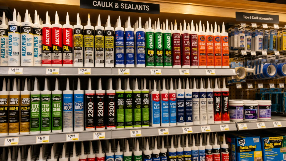 a well-lit hardware store shelf displaying rows of colorful caulk tubes and…