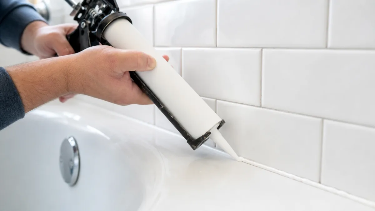 a person applying white caulk along a bathroom tile and tub joint,…