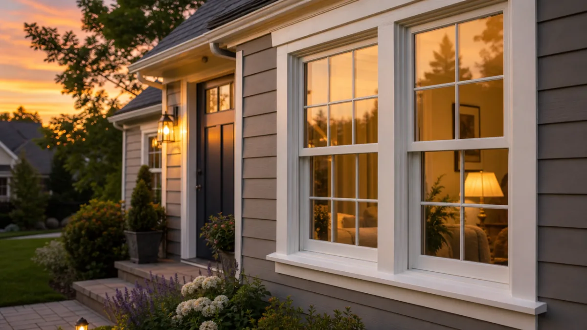 a cozy home exterior at dusk showing freshly painted window trim with…