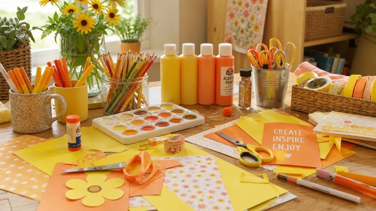 a bright colorful craft table covered with yellow and orange art supplies,…