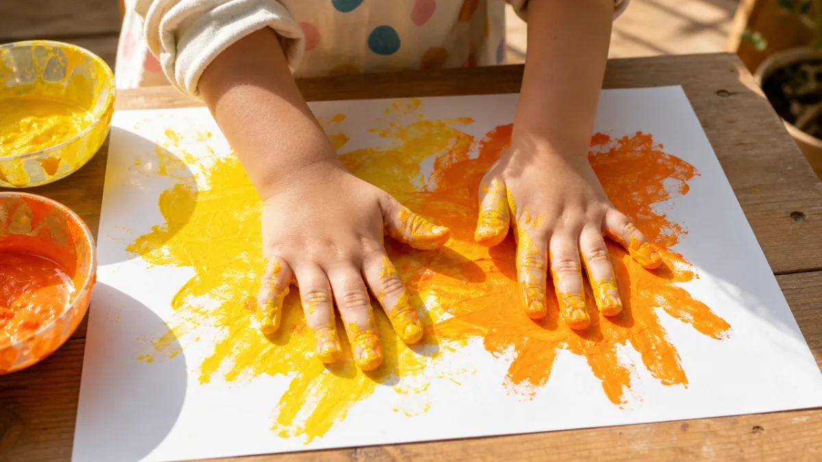 a child's hands pressing bright yellow and orange paint onto white paper…
