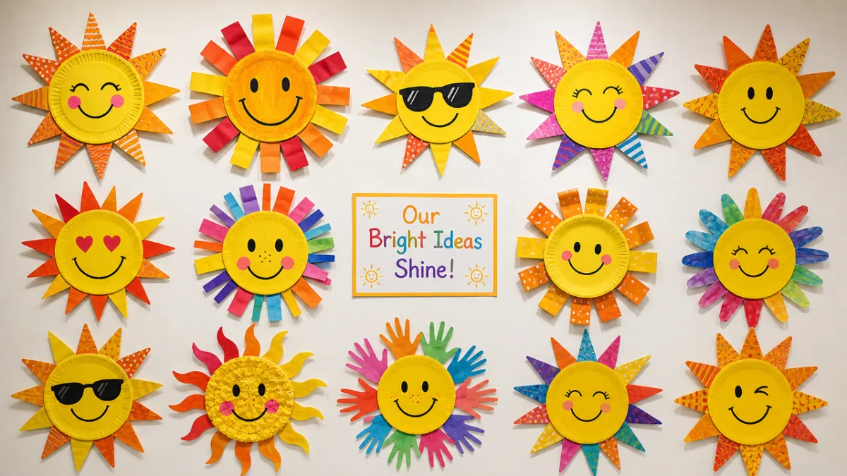 a colorful display of completed children's sun crafts arranged on a white…