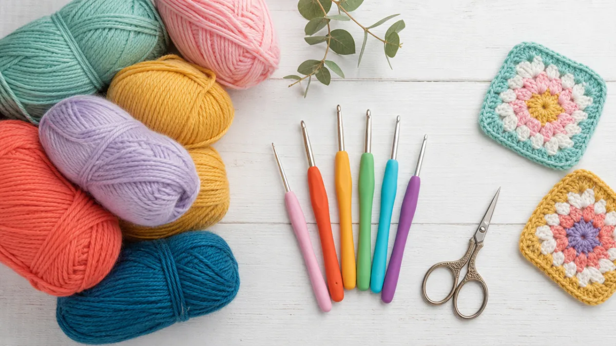 a flat lay of colorful yarn skeins, crochet hooks, and scissors on…