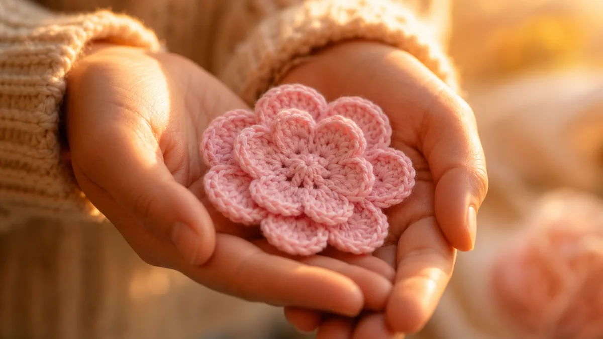 hands holding a delicate finished crochet flower in soft pink yarn, warm…