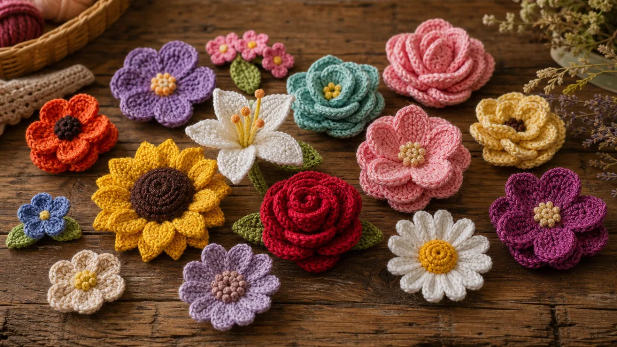 a collection of colorful handmade crochet flowers arranged on a rustic wooden…