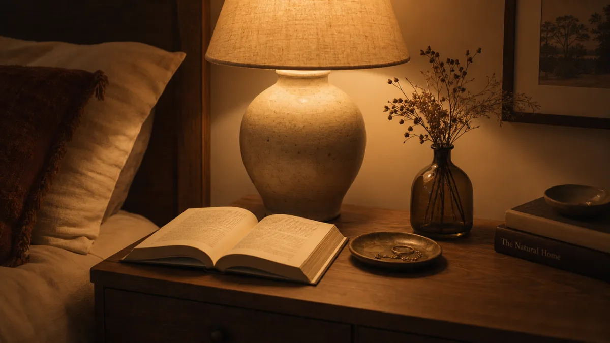 a warm amber-lit nightstand with a ceramic lamp, open book, and dried…