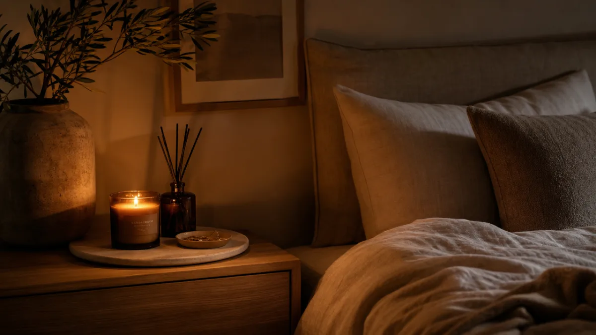 a serene bedroom corner with warm candlelight, a diffuser, and soft linen…