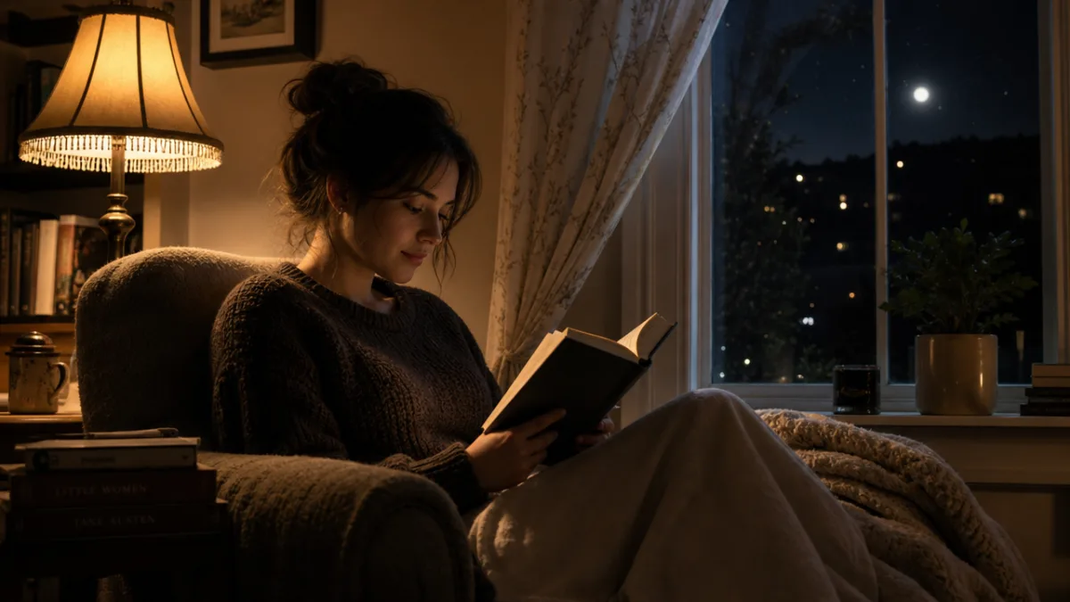 a person reading a book in soft lamplight beside a window at…