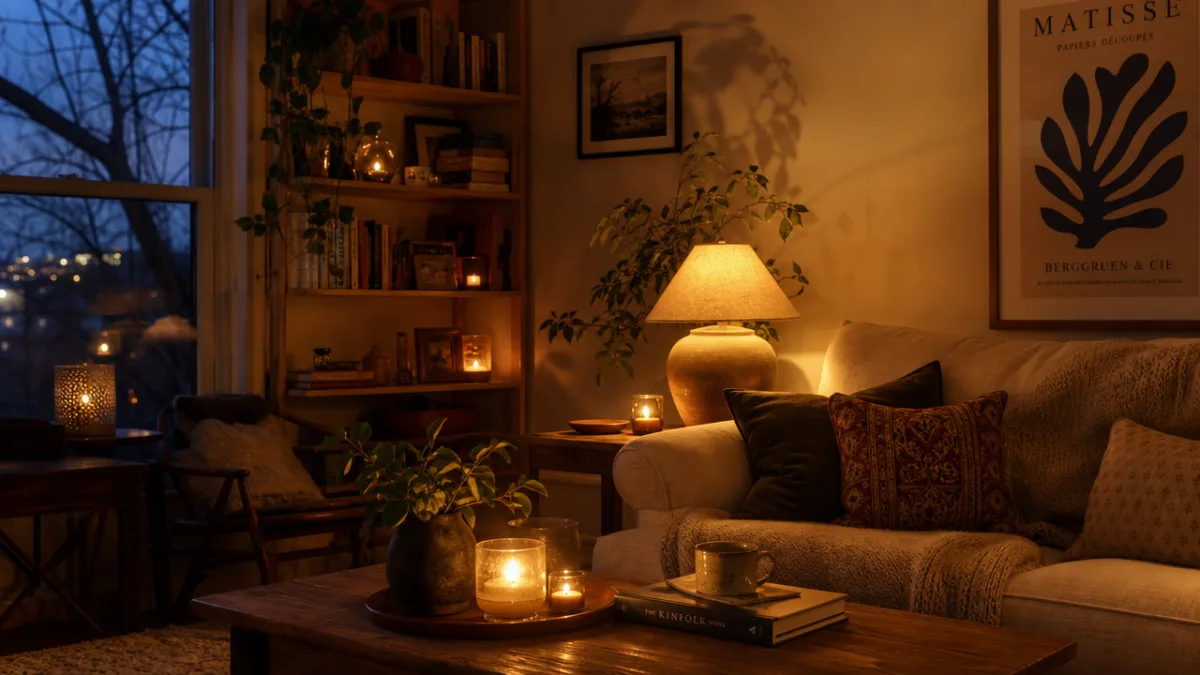 a cozy living room corner at dusk with layered warm lamp light,…