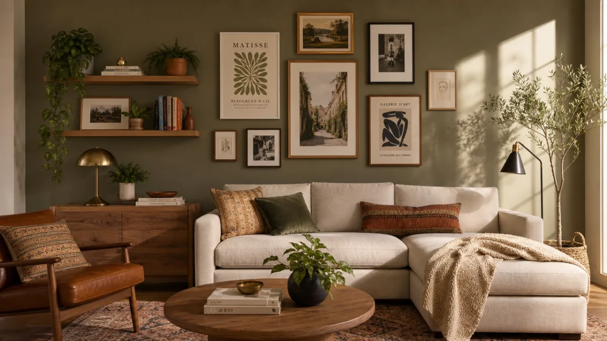 a warm and stylish living room feature wall with a curated gallery…