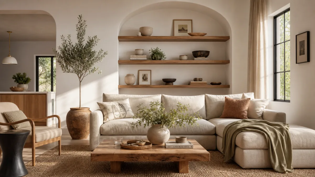 a beautifully organized and airy living space with curated shelf vignettes, natural…