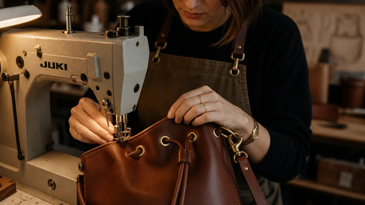 a woman's hands carefully sewing a stylish leather bucket bag on a…