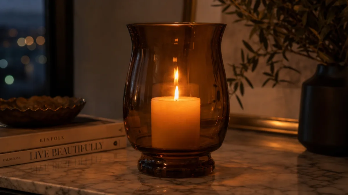 a smoked amber glass hurricane candle holder glowing warmly on a marble…