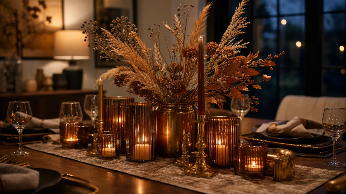 a styled dining table centerpiece with amber glass candle holders, brass accents,…
