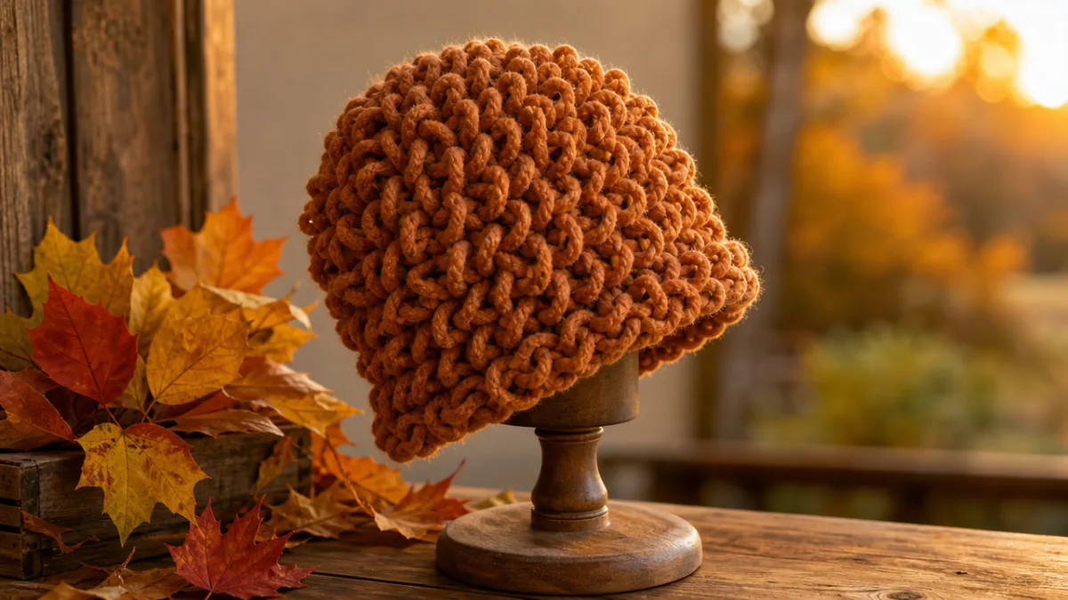 a finished chunky loop stitch hat displayed on a wooden hat stand…