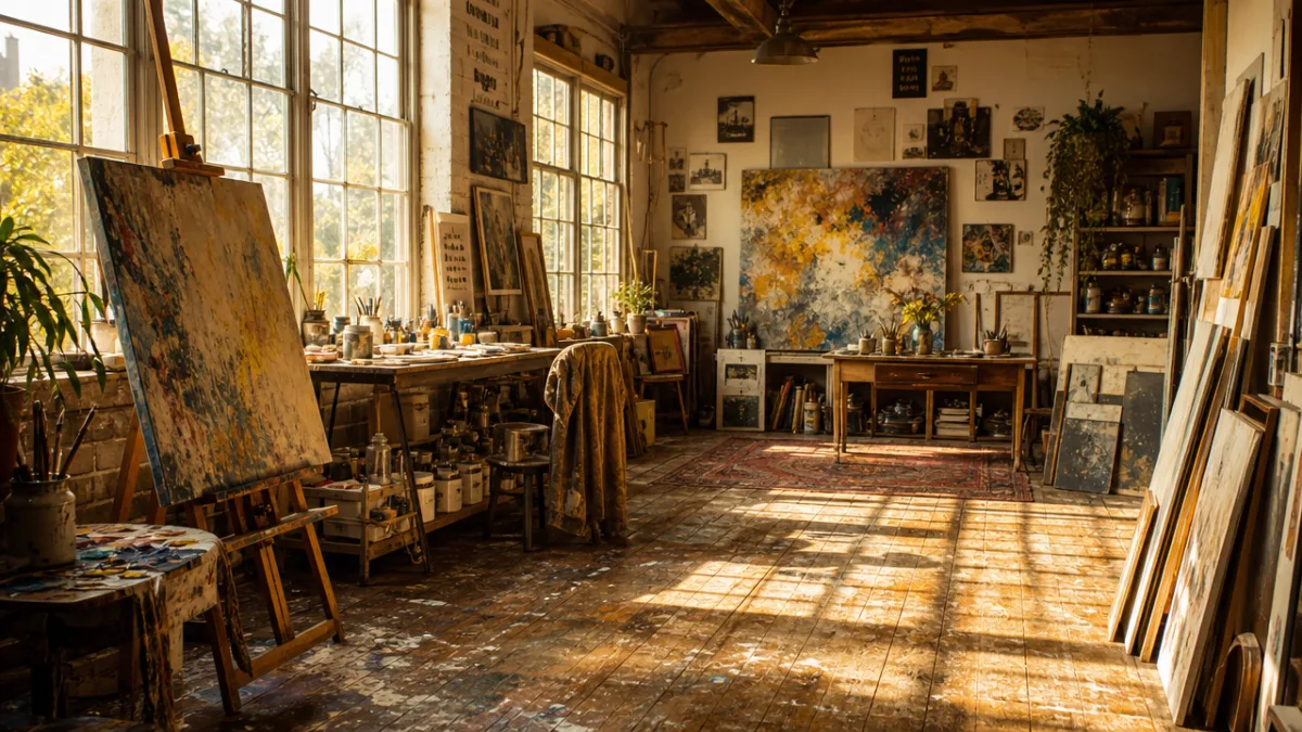 a warm artist's studio filled with canvases, paint-stained wooden floors, and golden…