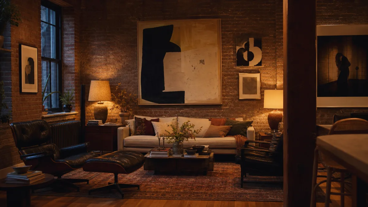 a beautifully curated home interior with original artworks on exposed brick walls,…