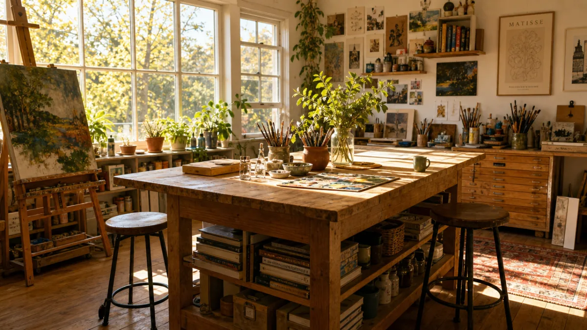 a sun-filled artist studio with a large counter-height wooden worktable, warm afternoon…