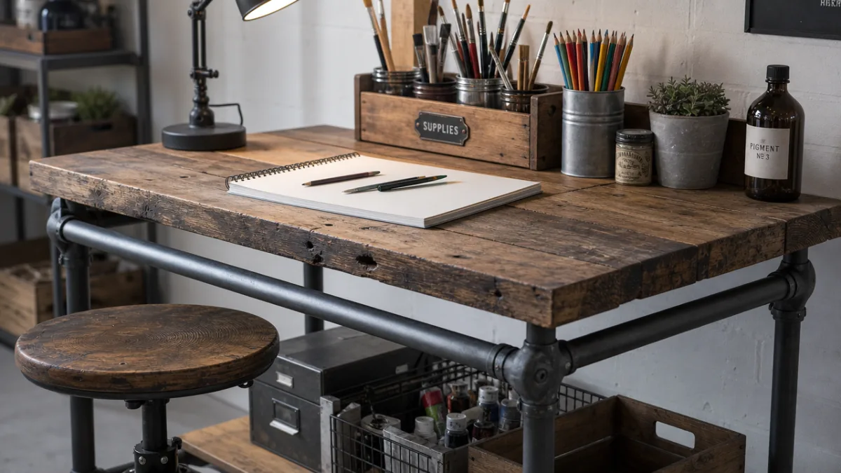 a close-up of a DIY industrial-style counter-height worktable with pipe frame, reclaimed…