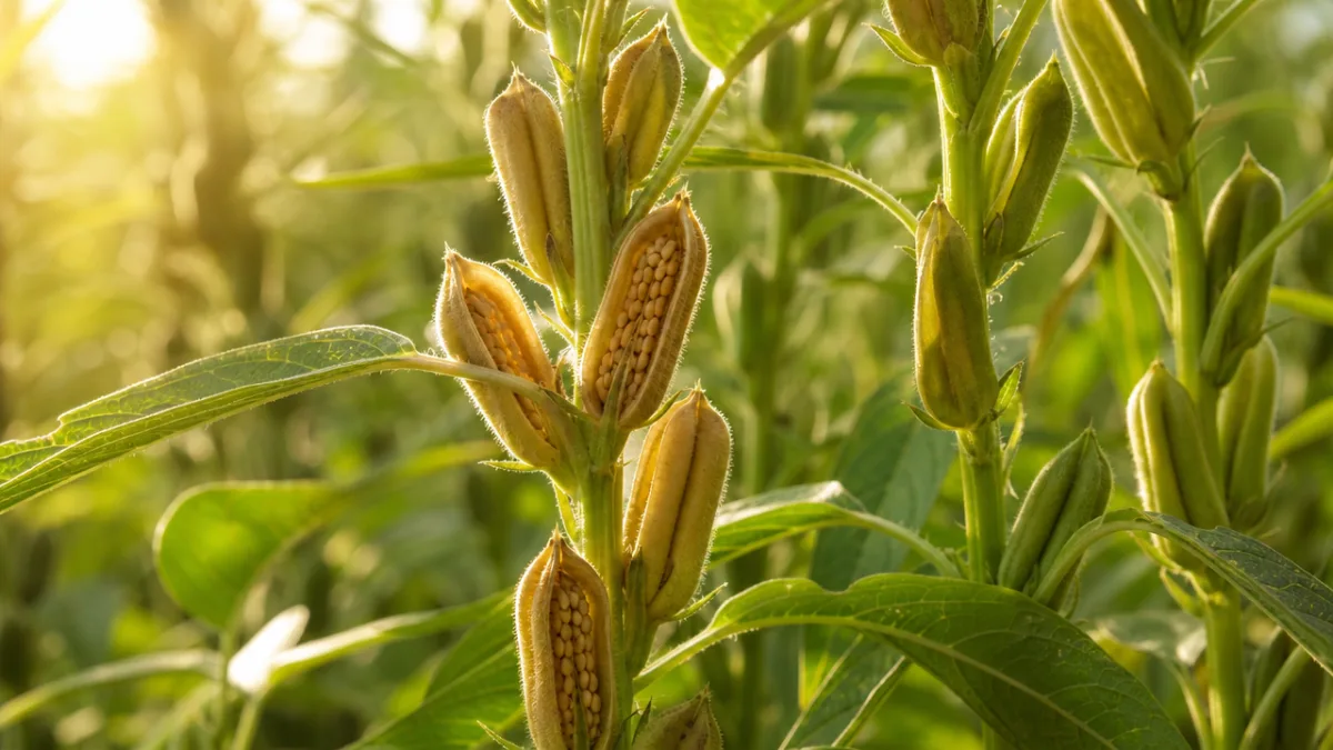 a close-up of ripe sesame seed pods on a living plant, warm…