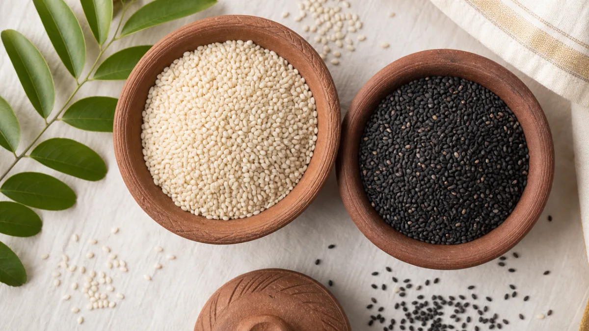 an overhead flat-lay of black and white sesame seeds in handcrafted Kerala…