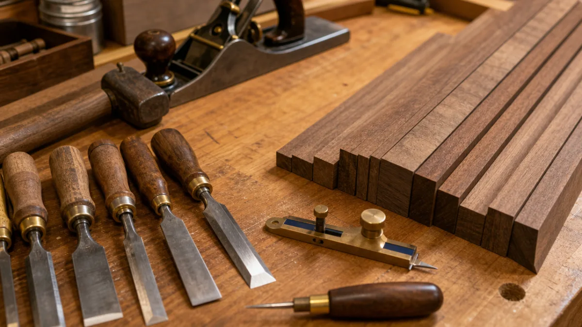 close-up of organized woodworking tools and walnut wood strips on a workshop…