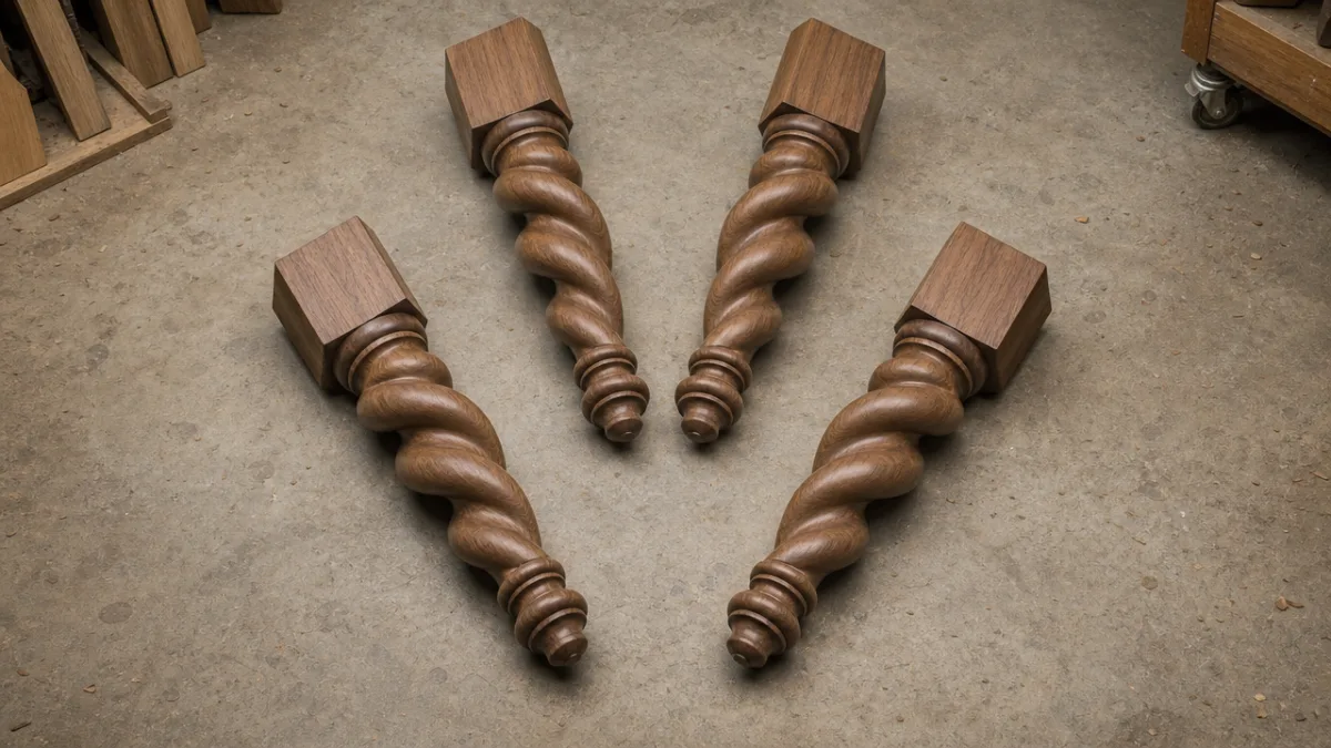 four twisted wooden table legs arranged symmetrically on a workshop floor, soft…