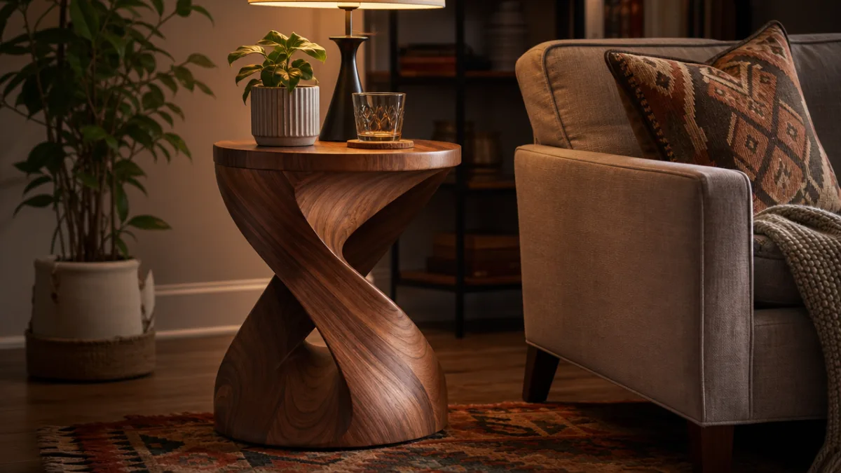 finished twisty wooden side table in a cozy living room corner, warm…
