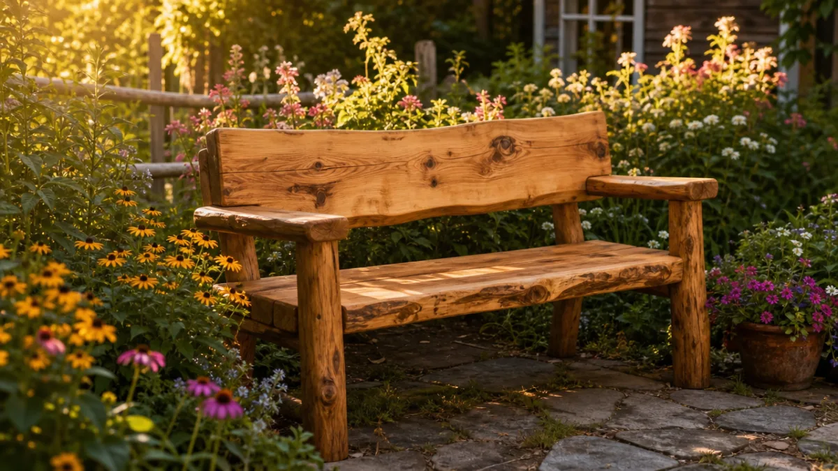 a handmade wooden garden bench outdoors surrounded by blooming flowers, warm golden…