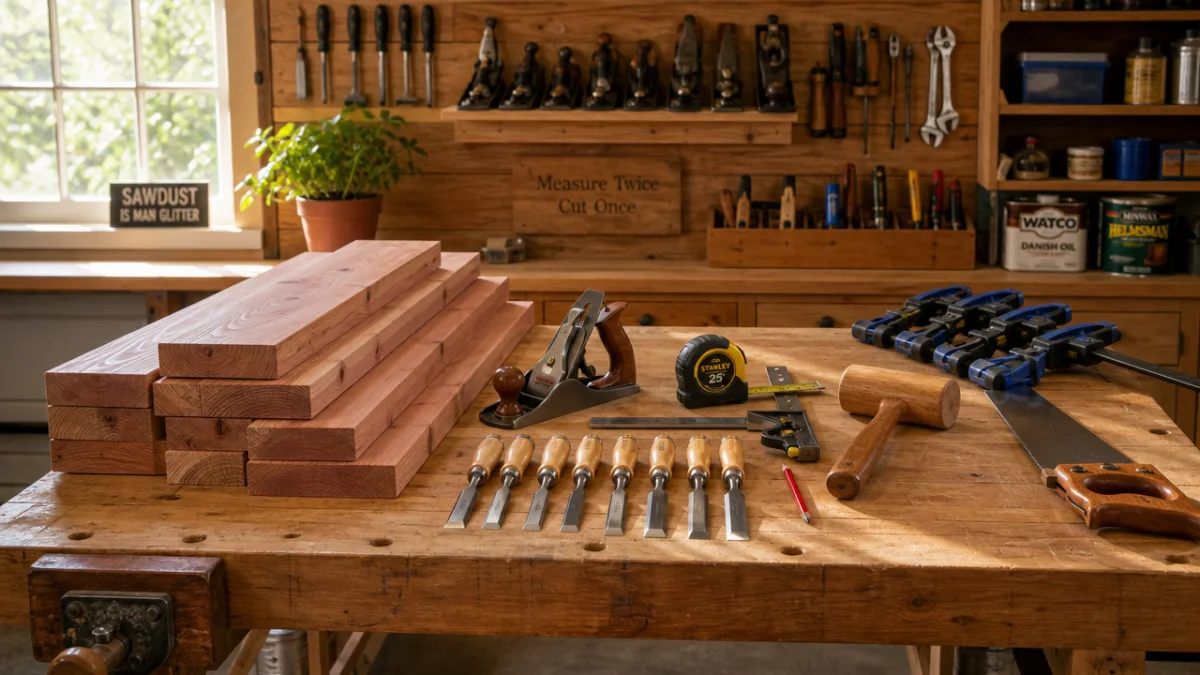 neatly arranged woodworking tools and cedar lumber on a workbench in a…