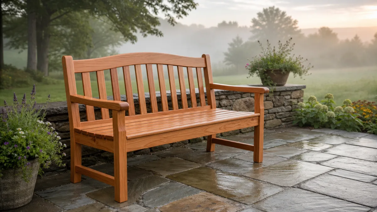 a freshly finished wooden garden bench on a stone patio with soft…