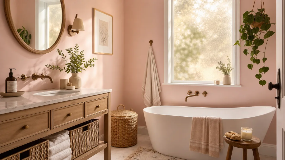a soft pastel bathroom with blush pink walls, rattan accessories, and warm…