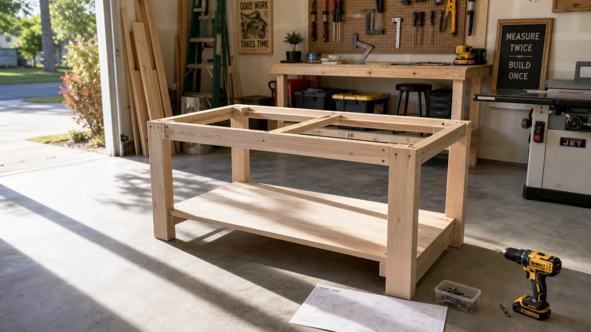 a partially assembled wooden craft table in a bright garage workshop, afternoon…