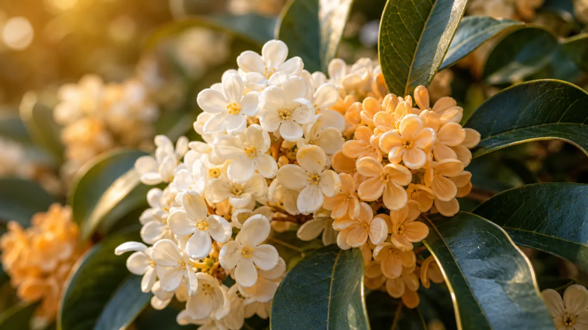 a close-up of delicate white and apricot osmanthus flower clusters on dark…