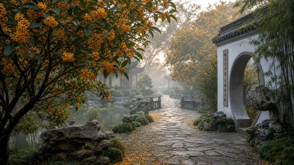 a serene Chinese garden with osmanthus trees in autumn bloom beside a…