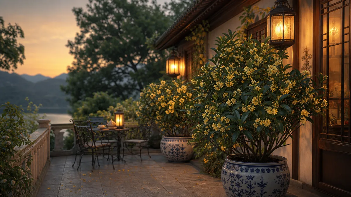 an elegant garden terrace with large osmanthus shrubs in ceramic containers, warm…