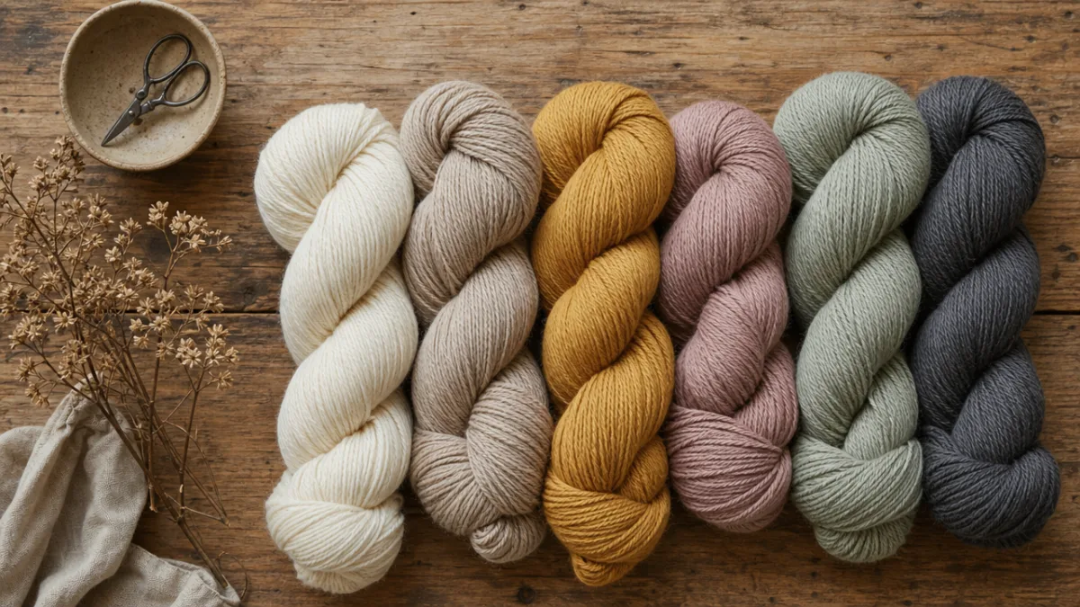a flat lay of colorful yarn skeins in neutral tones arranged on…