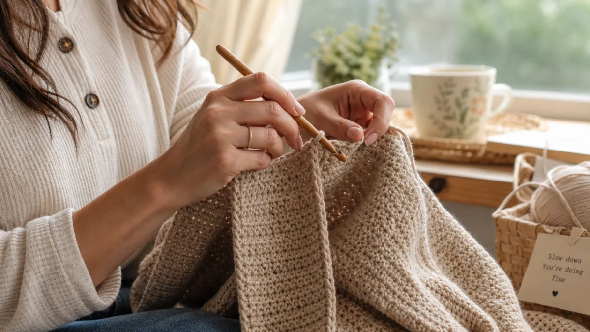 a woman's hands crocheting a long beige cardigan with a wooden hook,…