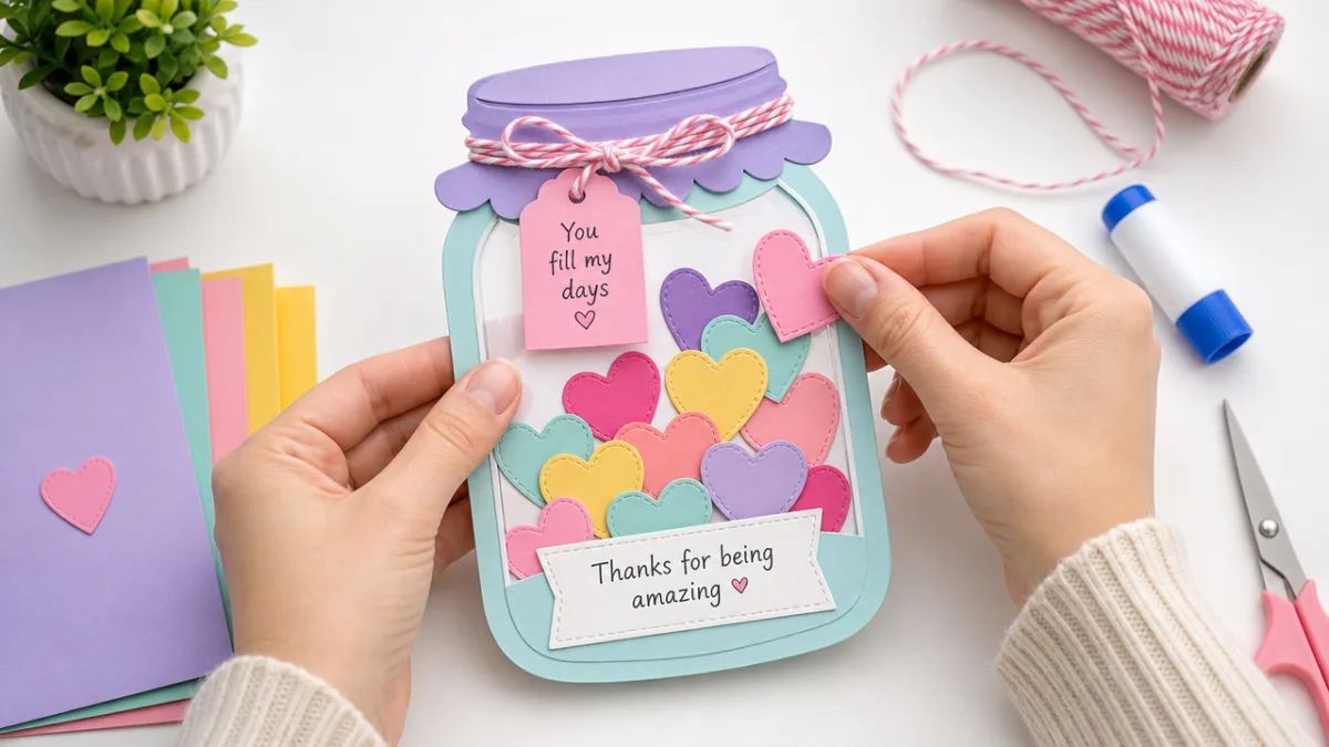 hands assembling a colorful paper jar card on a white desk with…
