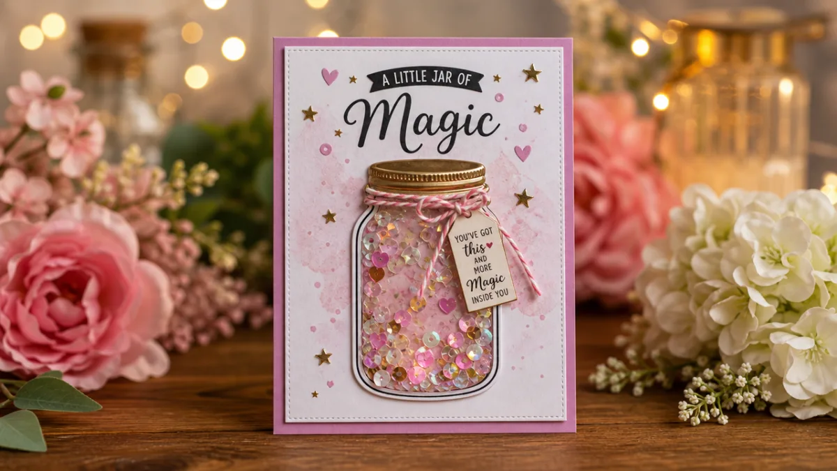 a finished magic jar card displayed upright on a wooden surface surrounded…