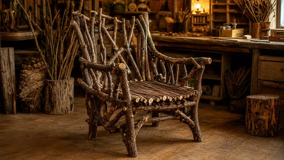 a rustic wooden chair covered in natural tree branches and twigs, warm…