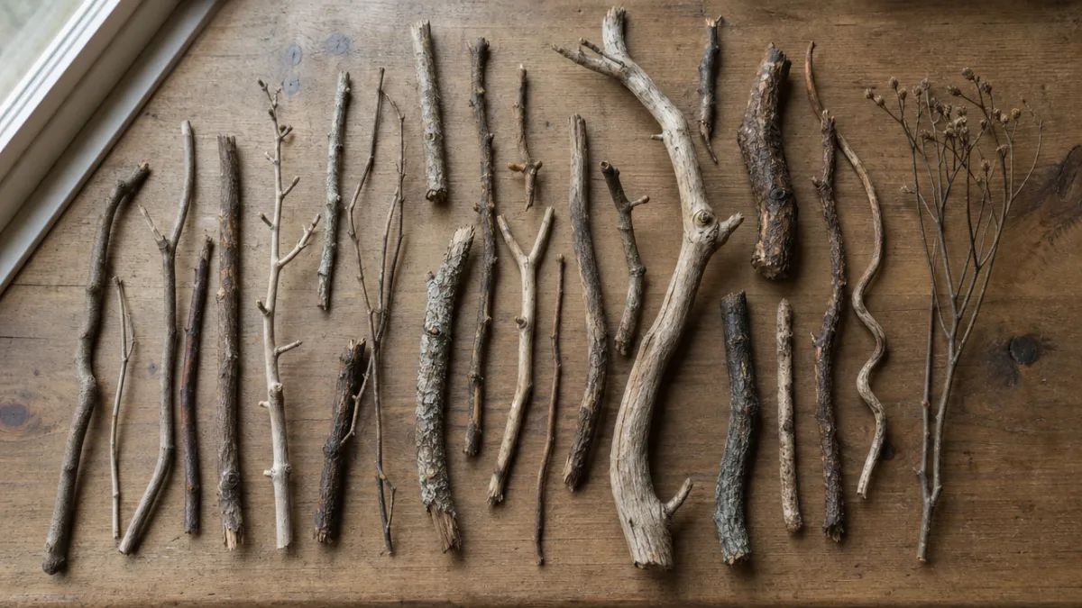 an array of dried natural twigs and branches laid out on a…