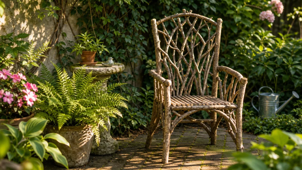 a completed DIY branch-covered chair displayed in a sunlit garden corner, lush…