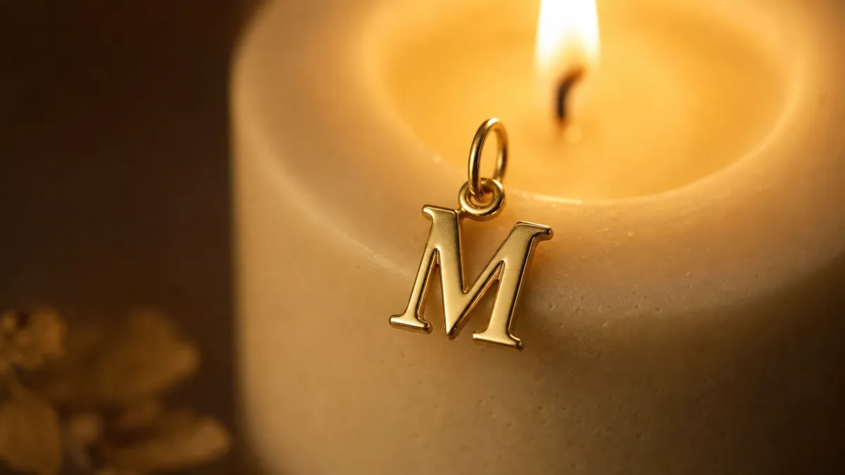a close-up of a gold monogram letter charm resting on a cream…