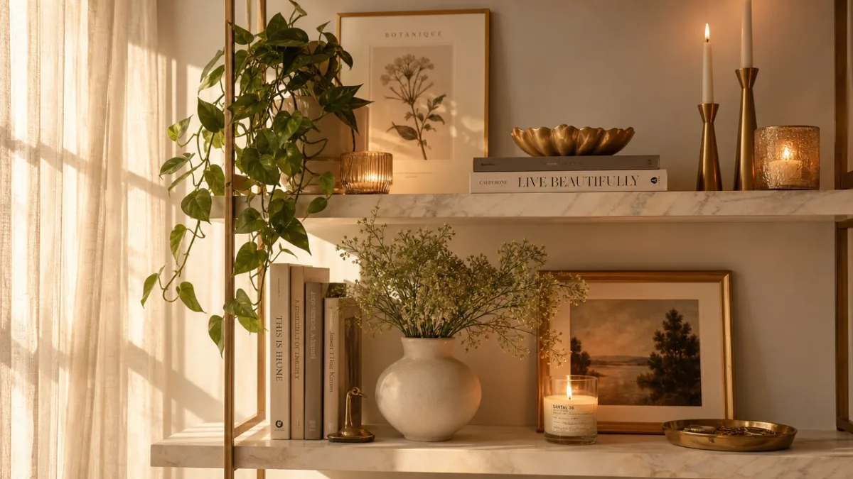 an elegant styled shelf vignette with gold accents, candles, and botanical elements,…